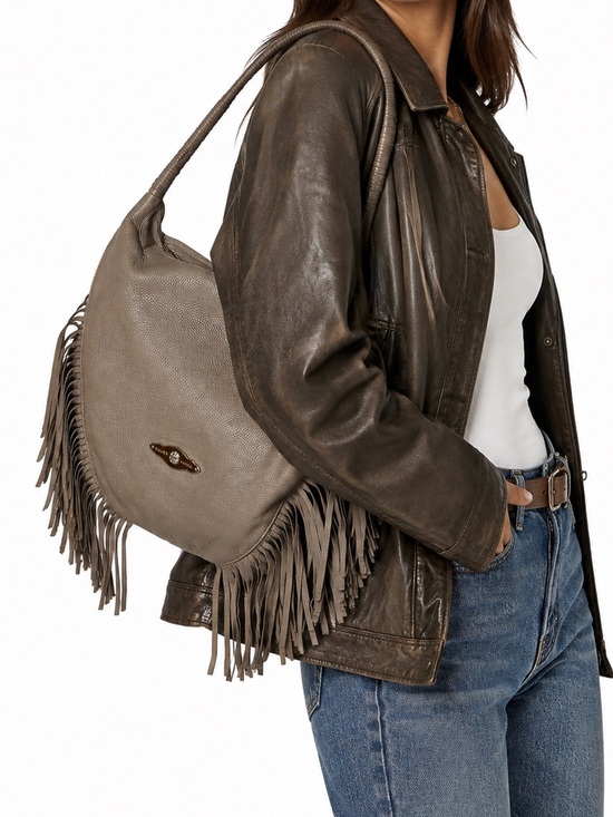 Elliott Lucca Handbags - Elliott Lucca Gray Leather Fringe Hobo Shoulder Bag Braided Strap Slouchy Boho